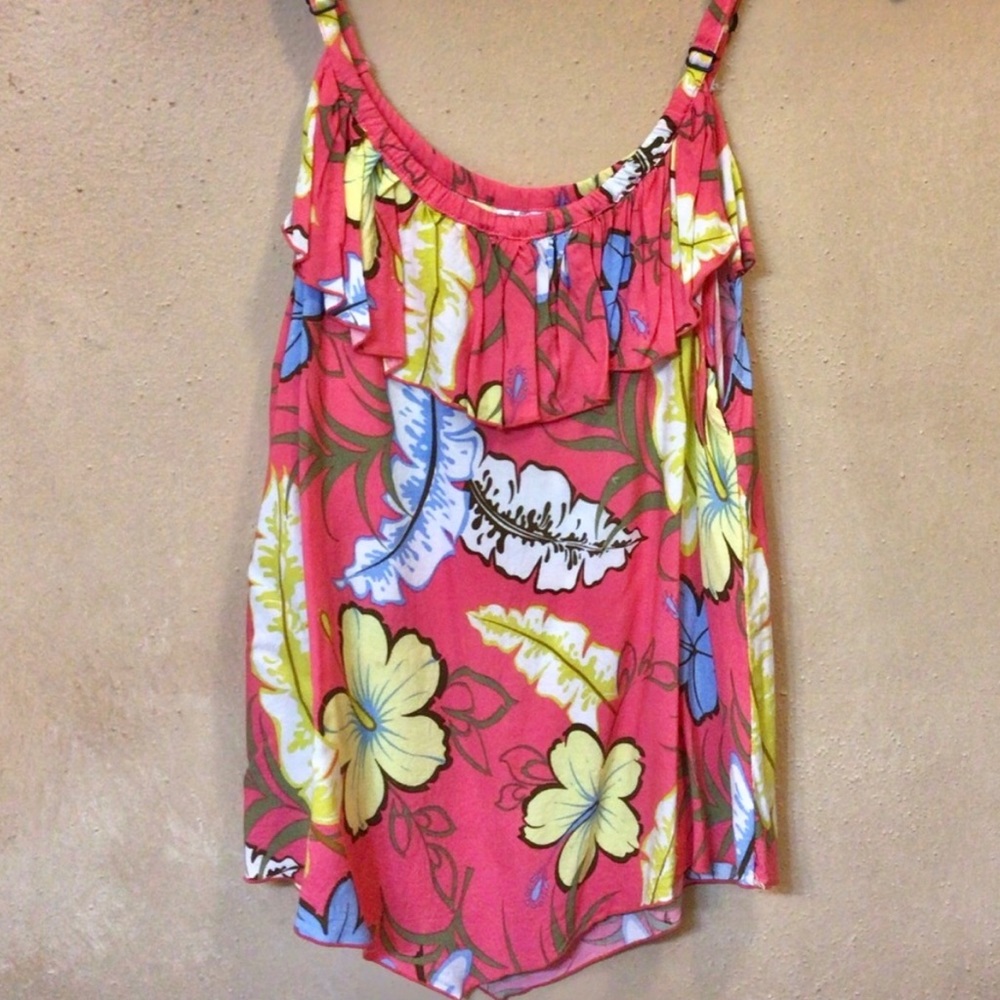 Lovely Island Planet Multicolored Ruffled Flowy Floral Sleeveless Top, Size M/L